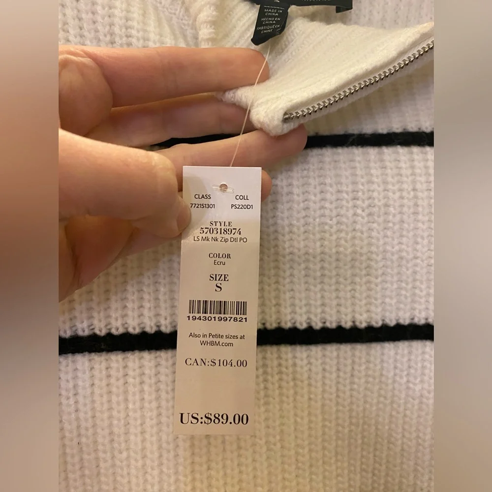 WHBM white stripe puff side-neck zip sweater - Picture 4 of 4